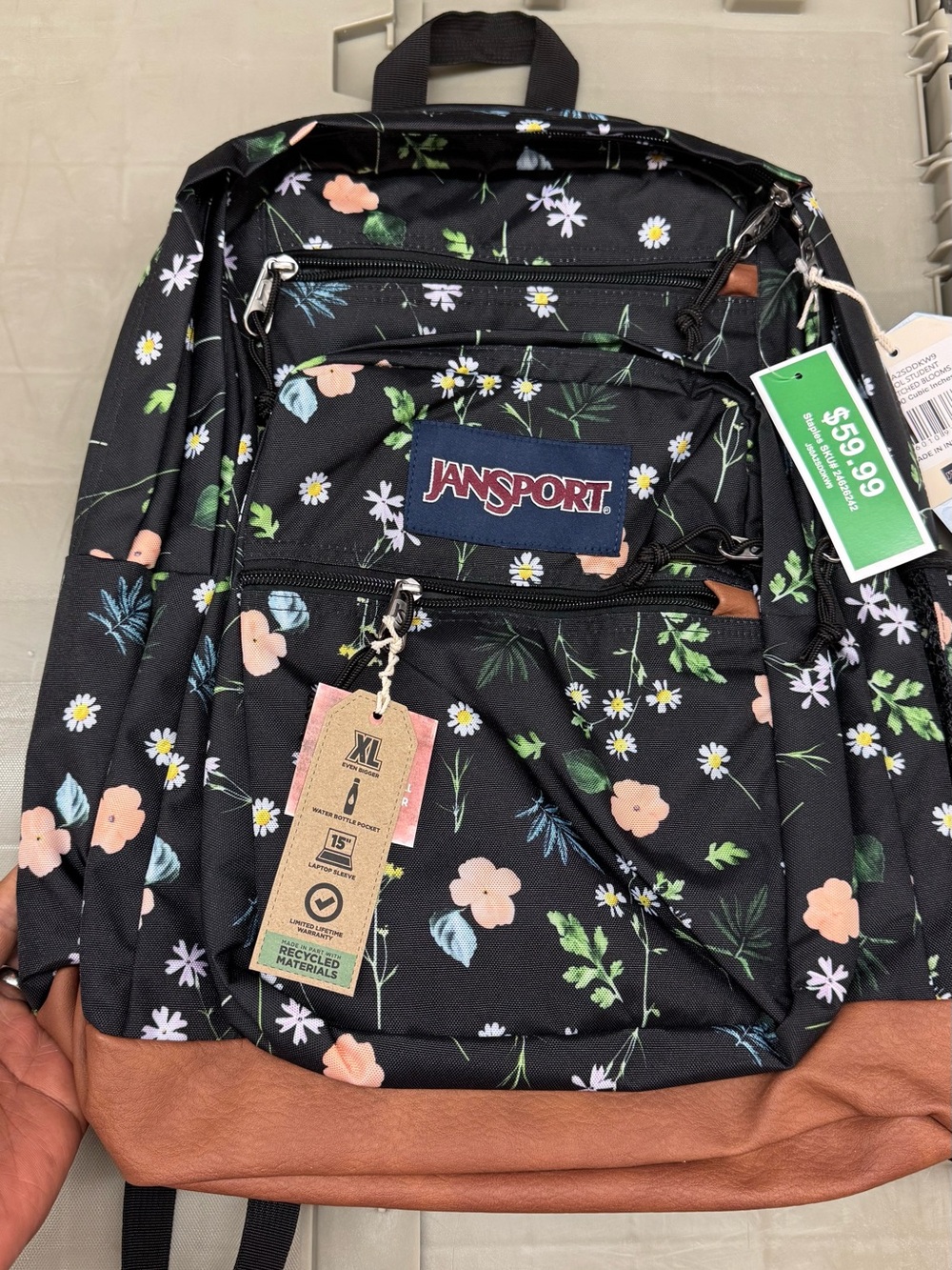 Jansport Black Floral Backpack with Brown Trim